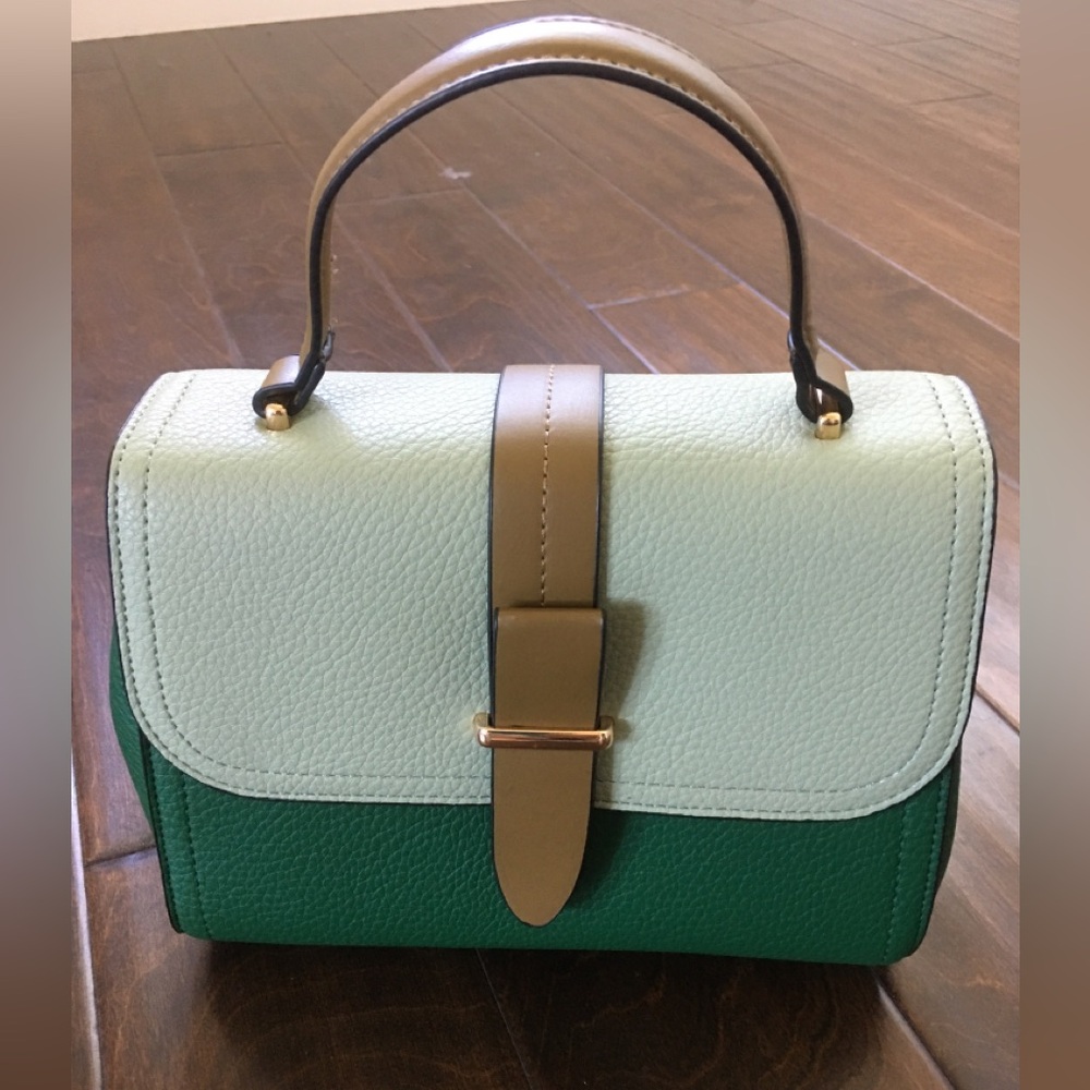 Fashion 2 tones of green hand bag with shoulder strip vegan leather